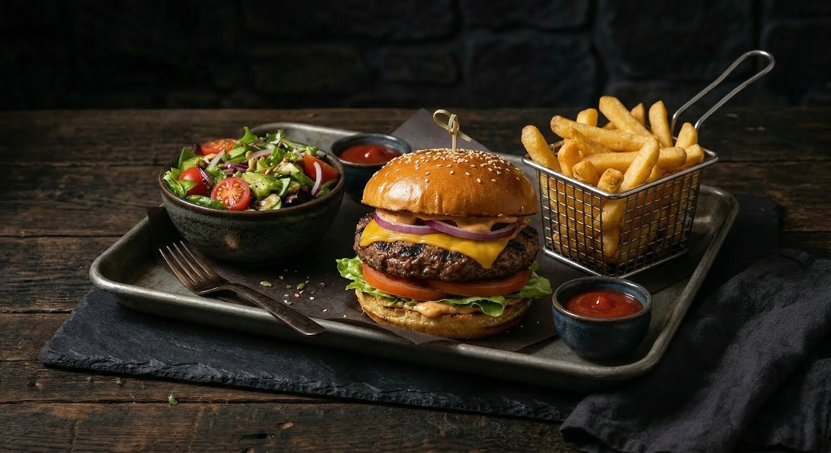 Hometown Grill Burger with fries at London Hometown Grill in St. Thomas, ON